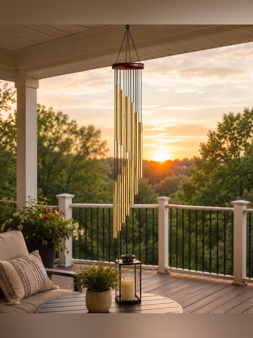 New Wood Metal Brass Gold wind chimes approx 23” long 12 chimes waterfall swirl
